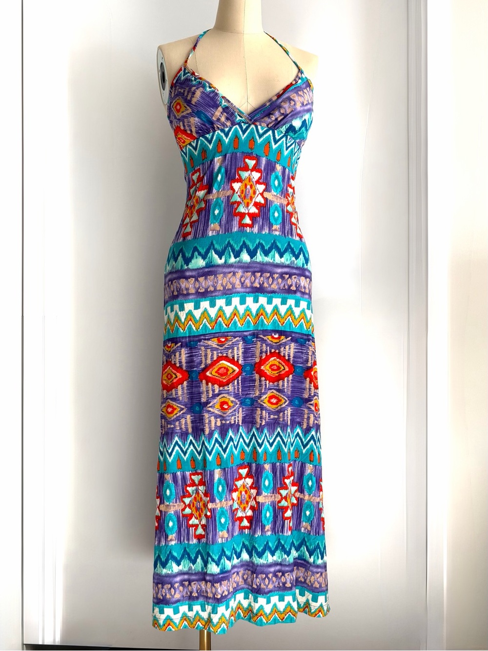 Boho Turquoise & Purple Tribal Print Tie-Neck Halter Maxi Dress Women’s XS